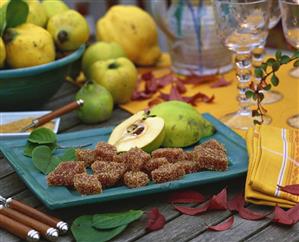 Quittenbrot (quince paste) coated in brown sugar