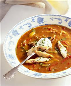 Pepper soup with carp fillet and crème fraîche