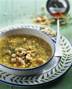 Parsnip soup with red lentils and croutons