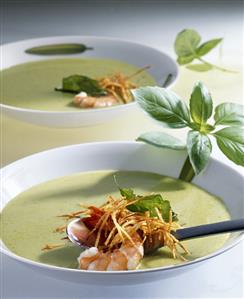 Basil soup with fried shrimps