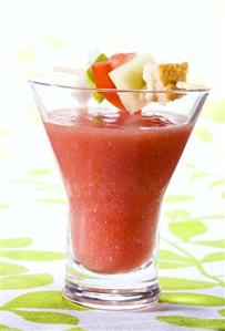 Gazpacho with vegetables on cocktail stick