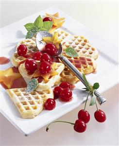 Coconut waffles with sour cherry compote