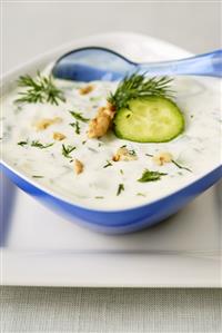 Cold yoghurt soup with cucumber, dill and nuts (Bulgaria)