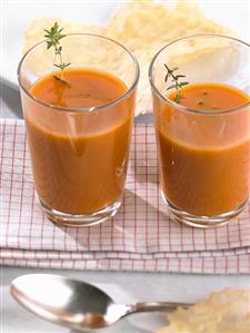 Tomato soup with thyme and Parmesan crisps