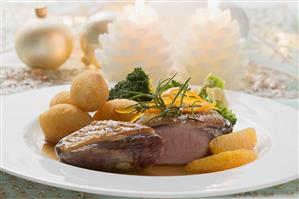 Duck breast with orange, potato croquettes, broccoli (Xmas)