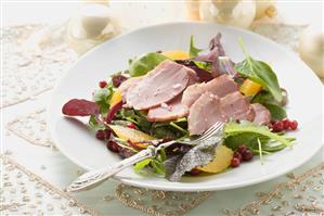 Salad leaves with smoked duck breast and orange segments