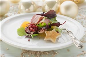 Salad leaves, smoked duck breast, orange segments, toast star