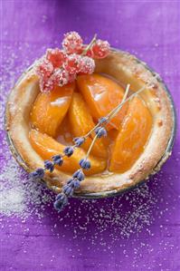 Apricot tart with redcurrants and lavender flowers