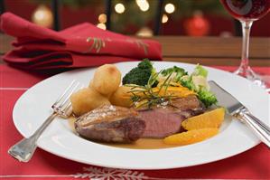 Duck breast, orange segments, broccoli, potato croquettes (Xmas)