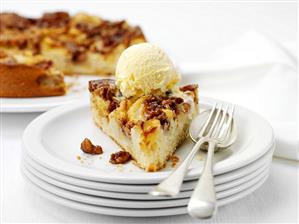 Apple and walnut cake with vanilla ice cream