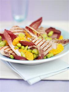 Radicchio with grilled bacon, orange segments & soya beans