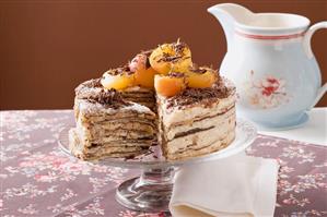 Oblatentorte (wafer cake) with coffee cream & apricots, a piece cut