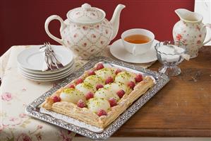 Puff pastry pear and raspberry tart to serve with tea