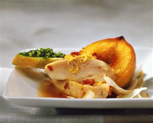 Steamed chicken breast with peach in balsamic vinegar