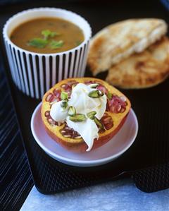 Lentil soup with flatbread and pomegranate with crème fraîche