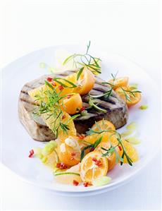 Grilled tuna steak with citrus fruit salsa