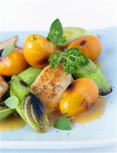 Chicken fillets with kumquats, leeks & orange & marjoram sauce