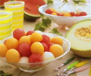 Melon balls in glass bowl