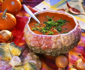 Pumpkin soup in soup tureen