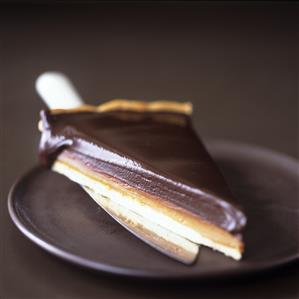 A piece of chocolate caramel tart