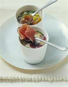 Courgette soup with slice of ham & vegetable stew with chutney