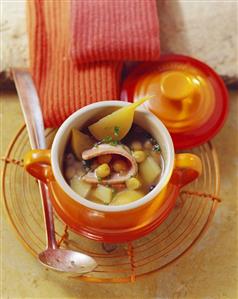 Pea and potato soup with cured belly pork