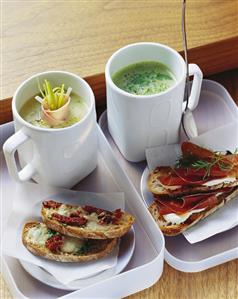 Leek and ham soup and green soup with open sandwiches