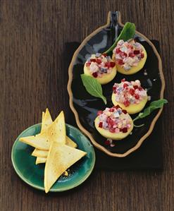 Red herring salad in apples with toast triangles