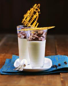 White coffee mousse with chocolate milk froth