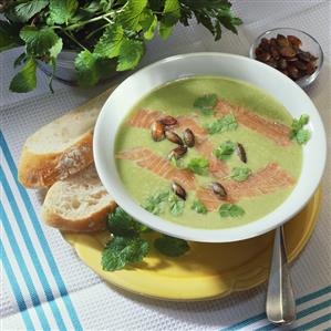 Nettle soup with smoked salmon and chervil