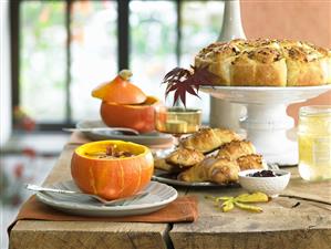 Brunch: pumpkin soup, onion buns and nut croissants