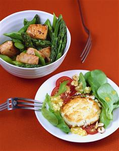 Goat?s cheese cakes, asparagus salad and diced salmon