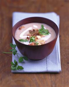 Cep and mushroom soup with smoked pork