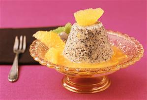 Poppy seed flummery with orange sauce