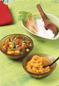 Lentil cream, tomato relish and horseradish and apple dip