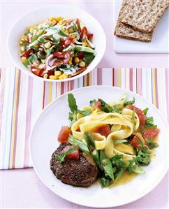 Steak with mango pasta and sweetcorn salad