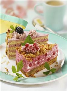 Piece of blackberry gateau and piece of redcurrant gateau