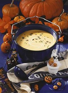 Pumpkin soup with Halloween decorations