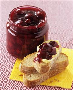 Morello cherry jam on slice of white bread