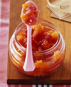 Rhubarb and orange jam on a spoon (1)