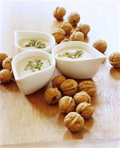 Creamed potato soup with walnut pesto