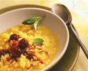 Saffron risotto with pine nuts and morello cherries