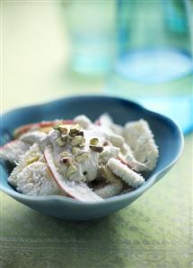 Apple & banana slices with coconut panade & pistachio cream