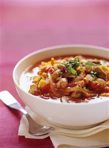 Meat and vegetable stew in a bowl