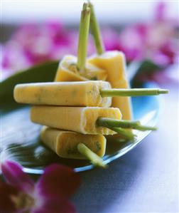 Mango and mint ice cream on sticks