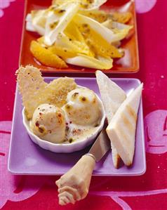 Scallop gratin with passion fruit and toast triangles