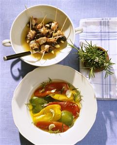Peppers with garlic and bacon-wrapped prunes