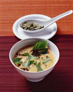 Pumpkin & coconut soup with cinnamon, Thai basil & ginger