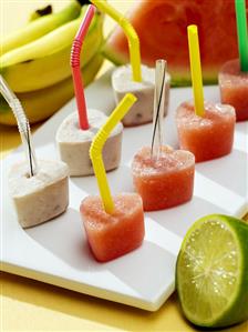 Heart-shaped watermelon sorbet and banana ice cream