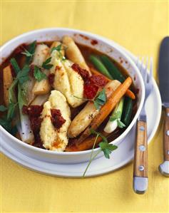 Asparagus stew with cheese dumplings